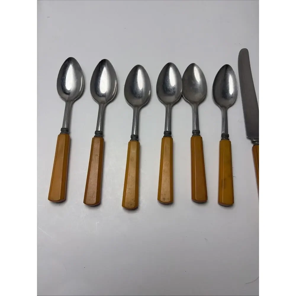 Vintage Butterscotch Bakelite Stainless Flatware 6 Teaspoon, 4 Knives,5 Spoons